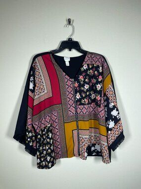 Chico's Women's Zip Front Kimono Light Jacket Red Black Floral 2-L!